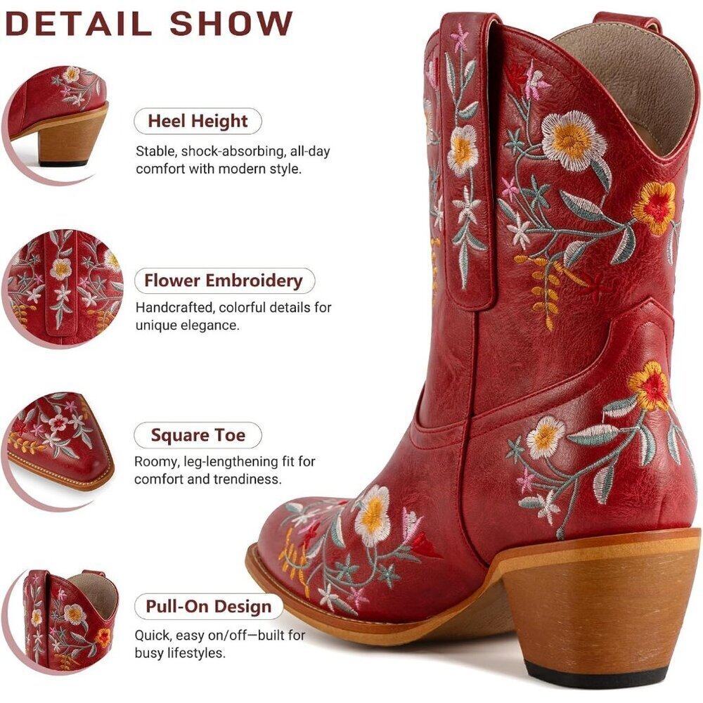 Women's Chunky Heel Ankle Snip Square Toe Flower Embroidered Western Red Boot - Picture 4 of 8